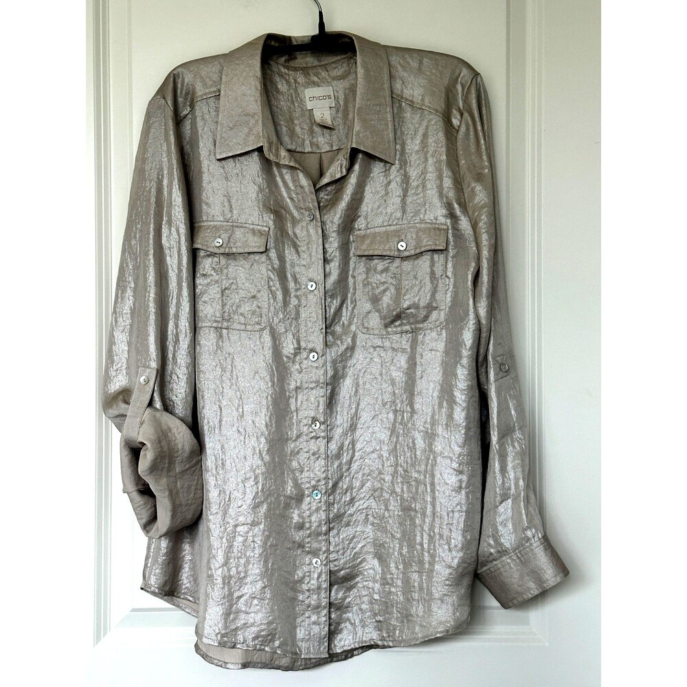 Chico's Gold-Beige Metallic Crinkle Shirt Chico’s 2 (Large /US 12)